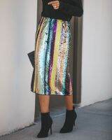 【CW】 Knee Length Glitter Skirts Sequin Hologram Skirt Paillette Half-body