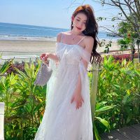 Summer design feeling dust veil summer birthday little white gauze dress a word shoulder straps lace dress