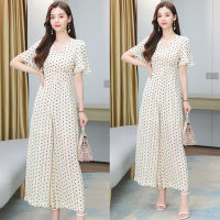 Impression Fashion Women French Retro Wave Point V-neck Short Sleeve Tunic High Waist Wide-leg Jumpsuit