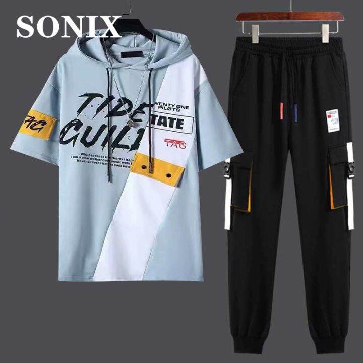 hnf531-sonix-เสื้อสเวตเตอร์มีฮู้ดผู้ชายเสื้อสเวตเตอร์แขนสั้นสไตล์ญี่ปุ่นเทรนด์ลำลอง2ชิ้นแฟชั่นวัยรุ่นสูทกีฬาเกาหลีสำหรับฤดูร้อน