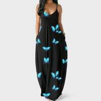 Women Large Size Summer Sexy V-Neck Butterfly Print Sleeveless Pullover Long Dresses Off Shoulder Beach Holiday Party Wear Robe