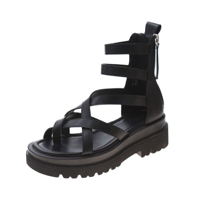 ขายดีที่สุด-ioztt2023-real-soft-leather-sandals-women-39-s-summer-new-clip-toe-thick-bottoming-muffin-back-zipper-roman-high-top-hollowed-out-cool-boots