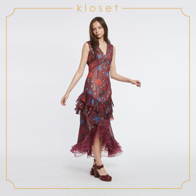 Kloset Printed Dress With Ruffles (AW18-D016) เสื้อผ้าแฟชั่น เสื้อผ้าผู้หญิง เดรสแฟชั่น เดรสผ้าพิมพ์ เดรสยาว