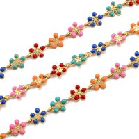 1m  3.28 Feet Golden Brass Enamel Link Chain Long-Lasting Plated Unwelded Flower Colorful 9x6x1mm