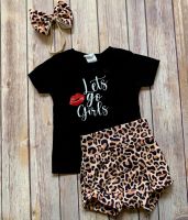 3Pcs Baby Girls Clothes Summer Sweet Short Sleeve Round Collar Letter Top + Leopard Print Shorts + Bow Headwear  by Hs2023