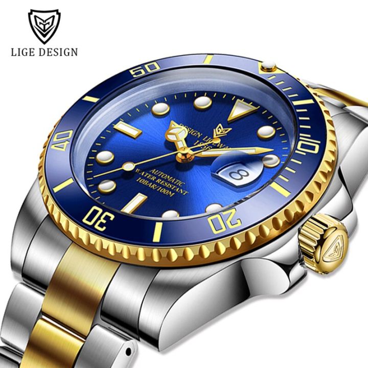 นาฬิกากันน้ำ100atm-2023-lige-นาฬิกาแฟชั่นผู้ชายแบรนด์อัตโนมัติชั้นนำกลไกแบบทูรบิญองนาฬิกาข้อมือนาฬิกาสแตนเลสสติล