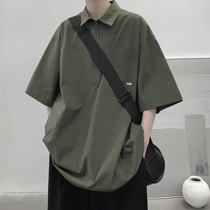 สไตล์ญี่ปุ่น-cityboy-ซิปครึ่ง-polo-เสื้อผู้ชายฤดูร้อนแบรนด์แฟชั่นหลวมทำงานทำงานปกแขนสั้น-t-เสื้อยืดวัยรุ่น