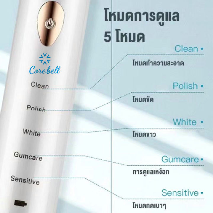 core-bell-แปรงสีฟันไฟฟ้า-แปรงไฟฟ้า-2-สี-5-โหมด-electric-sonic-toothbrush-usb-ชาร์จ-ipx7-กันน้ำ-แปรงได้สะอาด-ดีต่อเหงือกและฟัน-มาพร้อมหัวเปลี่ยน