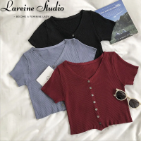 LAREINE เสื้อยืดผู้หญิงคอวีแนวโบราณ,เสื้อเสื้อถักนิตติ้งแขนสั้นคอวีกระดุมแถวเดียวสำหรับแบบสั้นใหม่ (40-60กก.)