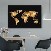 NewBlack Gold World แผนที่ภาพวาดผ้าใบ Wall Art บทคัดย่อสแกนดิเนเวียนพิมพ์โปสเตอร์สำหรับห้องนั่งเล่น Modern Home Decor Cuadros