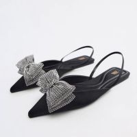 Womens shoes 2023 za.raˉsummer new rhinestone black bow temperament pointed toe flat mules sandals