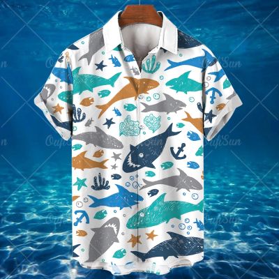 เสื้อฮาวายสัตว์สำหรับผู้ชายเสื้อเชิ้ตลายกราฟฟิกปลาฉลาม3d ลำลองทรงโอเวอร์ไซส์เสื้อแขนสั้น Gratis Ongkir สำหรับผู้ชายฤดูร้อนทุกวัน