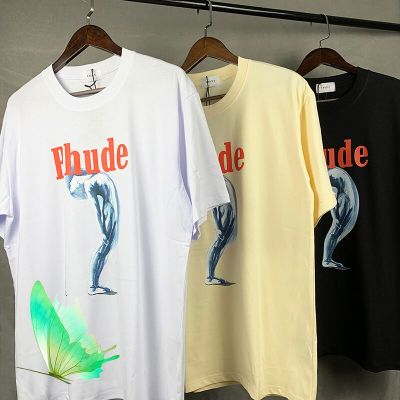 Real Pictures Of Harajuku Rhude Monaco With Gold Help Tortured Goddess Print T-Shirt Rhude Men Cotton T-Shirt