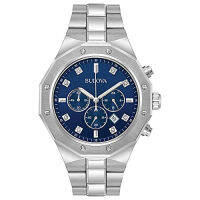 Bulova Mens Classic Stainless Steel 6-Hand Chronograph Quartz Watch, Blue Diamond Dial Style: 96D138