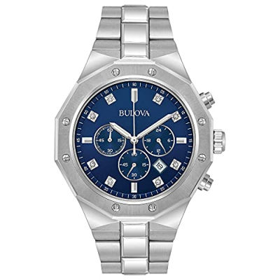 Bulova Mens Classic Stainless Steel 6-Hand Chronograph Quartz Watch, Blue Diamond Dial Style: 96D138