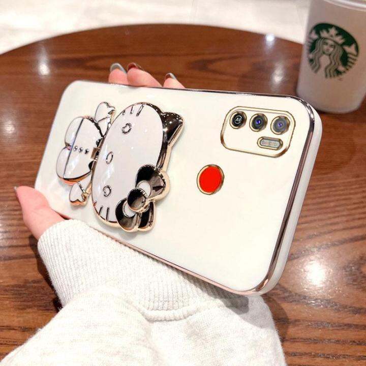 folding-makeup-mirror-phone-case-for-infinix-tecno-spark-6-air-tecno-spark-5-air-ke6-ke6j-kf6-kd6a-case-fashion-cartoon-cute-cat-multifunctional-bracket-plating-tpu-soft-cover-casing