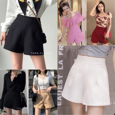 PW001 TARA Short กางเกงขาสั้น เอวสูง มีขอบเอว ตีเกร็ดหน้า ไม่มีกระเป๋าข้าง เนื้อผ้าวูลเวฟ ผ้ายืด ใส่สบาย