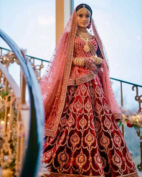 Anjani Arts 2492A Designer Red Velvet Beautiful Heavy Bridal Lehenga Choli  With Double Dupatta