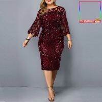 ERINWomen O Neck 34 Sleeve Sheer Patchwork Shiny Sequins Bodycon Knee-length Dress