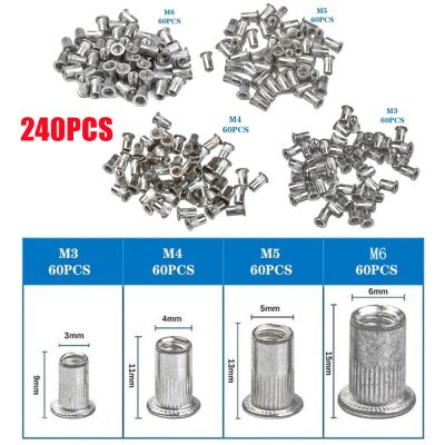 (JIE YUAN)240ชิ้น M3 M4 M5 M6น็อตหัวแบนเกลียวแทรกหมวกหมุดย้ำชุดเกลียวถั่วอลูมิเนียมอัลลอยด์หมุดย้ำ