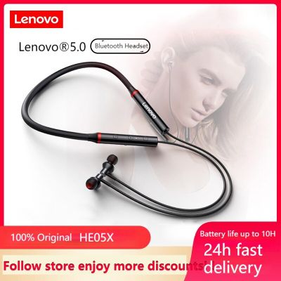 Lenovo 5.0บลูทูธ HE05X หูฟังกันน้ำที่อุดหูเสียงไฮไฟแม่เหล็กสายคล้องคอชุดหูฟังกีฬาหูฟัง