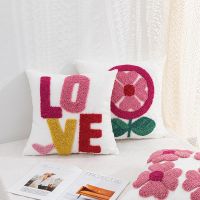 【LZ】 Love Embroidery Tufted Throw Pillow Covers 45x45CM Pink Decorative Modern Square Cushion Covers for Sofa Bedroom Car Living Room