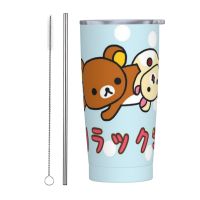 Sanrio ถ้วย Rilakkuma Americano ขนาด20ออนซ์แก้วพร้อมหลอดเหล็กสแตนเลสน้ำและฝาแก้วความร้อนแก้วแบบมีหลอดแก้วน้ำสำหรับเดินทางรถยนต์