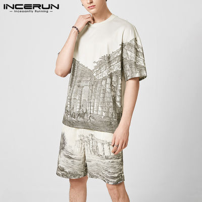 INCERUN Mens Short Sleeve Loungwear Suit Crew Neck Printed T Shirt Tops Shorts Outfit (Western Style) vnb