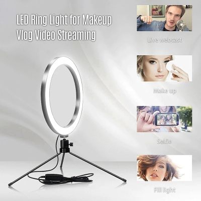 6Inch Table LED Ring Light 3200-5600K 3 Colors 10 Levels Brightness Adjustable with Tripod Stand for Live Stream Makeup Portrait YouTube Video Lighting