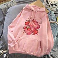 [Hot]น่ารักการ์ตูนน้ำสตรอเบอร์รี่ Japanses แฟชั่น Aesthteti เสื้อแขนยาวมีฮู้ด Pullovers ผู้หญิง Ulzzang Hoody หง