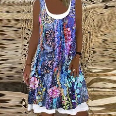 2022 Spring/Summer Round Neck Casual Ladies Dress Sleeveless Botanical Floral 3D Print Knee Length Dress Women A-Line Dress