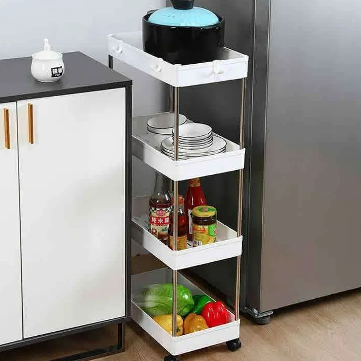 4 Layer Gap Kitchen Storage Rack Slim Slide Tower Movable Assemble Plastic Bathroom Shelf Wheels