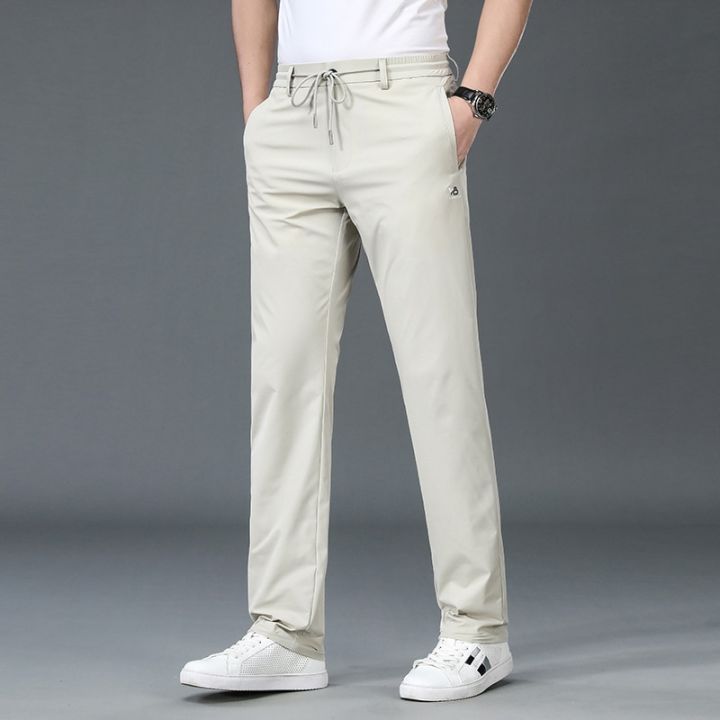 hot11-browon-black-pants-men-2023-summer-new-ice-silk-sports-cal-pants-thin-breathable-elastic-solid-color-mid-straight-trousers