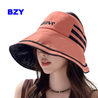 BZY หมวกกันแดด Topi Bucket UV ป้องกันชายหาดกลางแจ้งลายตัวอักษรสำหรับผู้หญิงหมวกหางม้าหมวกมีกระบังปีกขนาดใหญ่สำหรับผู้หญิง