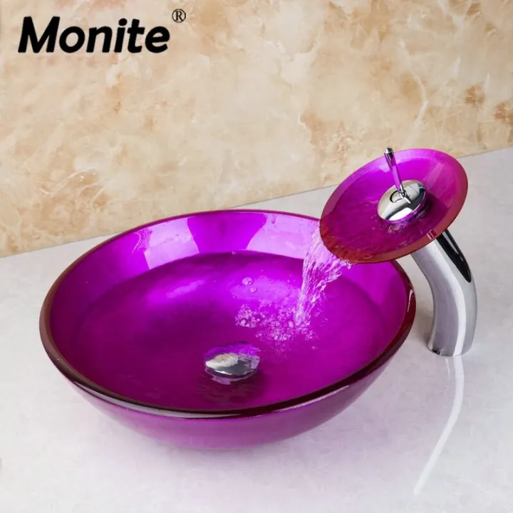 Monite Rose Red HandPaint Bathroom Washbasin Glass Sink Waterfall