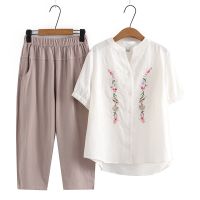 【มีไซส์ใหญ่】Plus Size Womens 2 Pieces Summer Sets Short Sleeve Top + Elastic Waist 8/10 Pants Casual Female Suits