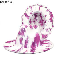 Bauhinia ผู้หญิงอัดเป็นแผ่น Fedora หมวกมัดย้อมพิมพ์ขนสัตว์เทียมแจ๊สหมวกหลากสี Trilby หมวกปาร์ตี้ฤดูใบไม้ร่วงฤดูหนาวหมวกปีกกว้าง