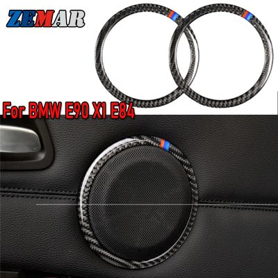 2PCS Carbon Fiber Car Door Speaker Decorative Circle Stickers Loudspeaker Trim for BMW X1 E84 E90 320i 325i M Power Accessories