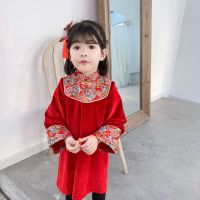 【CW】 2021NEW Chinese Cheongsam For Kids Girls Red Velvet Hanfu New Year Outfit Christmas Chinese Princess Tang Suit Winter