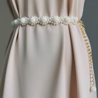 White Pearl Braided Waistband Female Dress Shirt Decoration Waist Chain Gothic Elegant Pearl Pendant Belt for Women