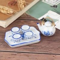 FOO 6Pcs Dollhouse Miniature Dining Ware Blue Porcelain Tea Set Dish Cup Plate