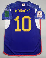 เสื้อบอล แฟนบอล ทีมชาติ ญี่ปุ่น เหย้า 2022-23 Japan Home พร้อมเบอร์ชื่อ 10 MINAMINO  อาร์มฟุตบอลโลก World Cup 2022
