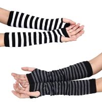 Winter Gloves Arm Warmers Women 35cm Warm Mittens Fingerless Strip Print Knitted Long Cotton Party Gloves Mitten for Outdoor