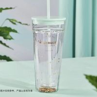 Starbuck Classic Fresh Fairy Mist Green Series 591Ml Mint Green Cut Surface Sequins Double Glass Straw Cup