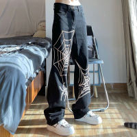 【cw】Mens jeans 2022 new high-end Korean version loose straight wide leg spider pants printing high street long pants men streetwear