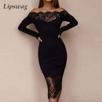 y Slash Neck Patchwork Lace Sheer Bodycon Dress Elegant Off Shoulder Lady Office Dress Fashion Women Long Sleeve Party Dress