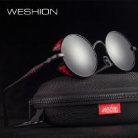 ∋▥ WESHION Steampunk Sunglasses Men Polarized Round Steam Punk Goggles Women Ladies Red Circle Glasses 2018 Oculos With Cases UV400 【Hot selling】