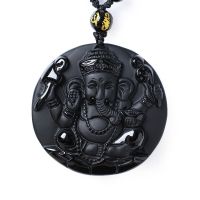 【CW】 NaturalObsidian Carved Ganesh ElephantPendantsNecklaceStoneFashionman Amulet Jewelry