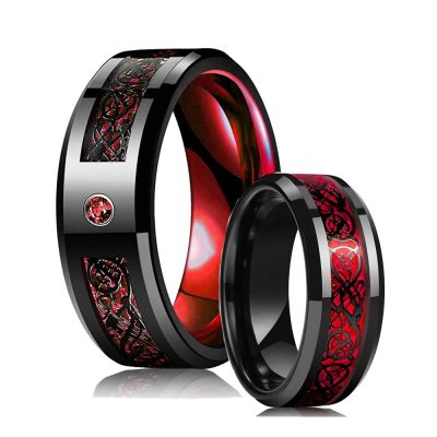 8mm Mens Black Titanium Steel Celtic Dragon Rings Red Zircon Stainless Steel Red Carbon Fiber Rings Men Women Wedding Jewelry