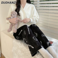 DUOHANZI กางเกงใส่อยู่บ้านสำหรับผู้หญิง,กางเกงนอนผ้ากำมะหยี่หนาสีแสดพร้อมผ้ากำมะหยี่ให้ความอบอุ่นสบาย